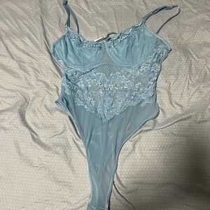 Lace Mesh Bodysuit in Light Blue